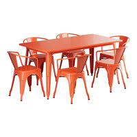 Lancaster Table & Seating Alloy Series 63" x 31 1/2" Amber Orange Standard Height Outdoor Table with 6 Arm Chairs