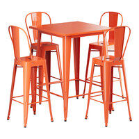 Lancaster Table & Seating Alloy Series 31 1/2" x 31 1/2" Amber Orange Bar Height Outdoor Table with 4 Cafe Barstools