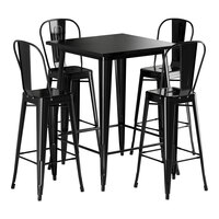 Lancaster Table & Seating Alloy Series 31 1/2" x 31 1/2" Onyx Black Bar Height Outdoor Table with 4 Cafe Barstools