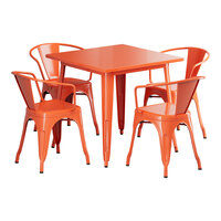 Lancaster Table & Seating Alloy Series 31 1/2" x 31 1/2" Amber Orange Standard Height Outdoor Table with 4 Arm Chairs