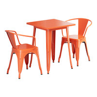 Lancaster Table & Seating Alloy Series 23 1/2" x 23 1/2" Amber Orange Standard Height Outdoor Table with 2 Arm Chairs