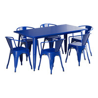 Lancaster Table & Seating Alloy Series 63" x 31 1/2" Blue Quartz Standard Height Outdoor Table with 6 Arm Chairs