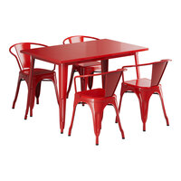 Lancaster Table & Seating Alloy Series 47 1/2" x 29 1/2" Ruby Red Standard Height Outdoor Table with 4 Arm Chairs