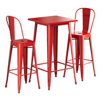 Lancaster Table & Seating Alloy Series 23 1/2" x 23 1/2" Ruby Red Bar Height Outdoor Table with 2 Cafe Barstools