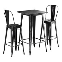 Lancaster Table & Seating Alloy Series 23 1/2" x 23 1/2" Distressed Onyx Black Bar Height Outdoor Table with 2 Cafe Barstools