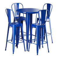 Lancaster Table & Seating Alloy Series 30" Round Blue Quartz Bar Height Outdoor Table with 4 Cafe Barstools