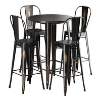 Lancaster Table & Seating Alloy Series 30" Round Distressed Copper Bar Height Outdoor Table with 4 Cafe Barstools