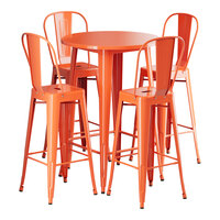 Lancaster Table & Seating Alloy Series 30" Round Amber Orange Bar Height Outdoor Table with 4 Cafe Barstools