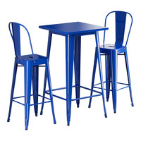 Lancaster Table & Seating Alloy Series 23 1/2" x 23 1/2" Blue Quartz Bar Height Outdoor Table with 2 Cafe Barstools