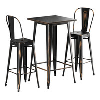 Lancaster Table & Seating Alloy Series 23 1/2" x 23 1/2" Distressed Copper Bar Height Outdoor Table with 2 Cafe Barstools