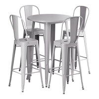 Lancaster Table & Seating Alloy Series 30" Round Nickel Gray Bar Height Outdoor Table with 4 Cafe Barstools