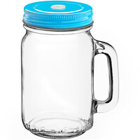 Acopa Rustic Charm 16 oz. Drinking Jar with Handle and Light Blue Metal Lid with Straw Hole - 12/Case