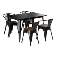 Lancaster Table & Seating Alloy Series 30" x 48" Onyx Black Standard Height Indoor Table and 4 Arm Chairs with Walnut Wood Seats