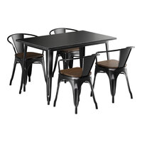 Lancaster Table & Seating Alloy Series 30" x 48" Distressed Onyx Black Standard Height Indoor Table and 4 Arm Chairs with Walnut Wood Seats