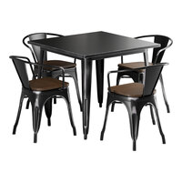 Lancaster Table & Seating Alloy Series 36" x 36" Distressed Onyx Black Standard Height Indoor Table and 4 Arm Chairs with Walnut Wood Seats