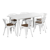 Lancaster Table & Seating Alloy Series 32" x 63" Pearl White Standard Height Indoor Table and 6 Arm Chairs with Walnut Wood Seats