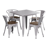 Lancaster Table & Seating Alloy Series 32" x 32" Nickel Gray Standard Height Indoor Table and 4 Arm Chairs with Walnut Wood Seats