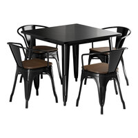 Lancaster Table & Seating Alloy Series 36" x 36" Onyx Black Standard Height Indoor Table and 4 Arm Chairs with Walnut Wood Seats