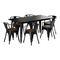 Lancaster Table & Seating Alloy Series 32" x 63" Onyx Black Standard Height Indoor Table and 6 Arm Chairs with Walnut Wood Seats