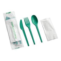 EcoChoice Wrapped Heavy Weight 6 1/2" Green CPLA Knife, Fork, Spoon, and Napkin - 250/Case