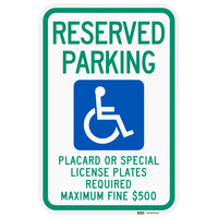 Lavex "Handicapped Reserved Parking / Placard Or Special License Plates Required" High Intensity Prismatic Reflective Green / Blue Aluminum Sign - 12" x 18"