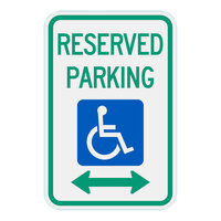 Lavex "Handicapped Reserved Parking" Two-Way Arrow Diamond Grade Reflective Green / Blue Aluminum Sign - 12" x 18"
