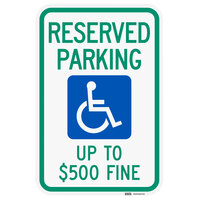 Lavex "Handicapped Reserved Parking / Up To $500 Fine" Diamond Grade Reflective Green / Blue Aluminum Sign - 12" x 18"