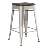 Lancaster Table & Seating Alloy Series Silver Indoor Backless Counter Height Stool with Walnut Wood Seat