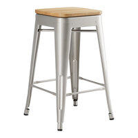 Lancaster Table & Seating Alloy Series Silver Indoor Backless Counter Height Stool with Natural Wood Seat