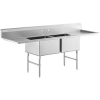 Regency 98" 16 Gauge Stainless Steel Two Compartment Commercial Sink with Stainless Steel Legs, Cross Bracing, and 2 Drainboards - 24" x 24" x 14" Bowls