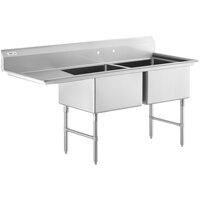 Regency 76 1/2" 16 Gauge Stainless Steel Two Compartment Commercial Sink with Stainless Steel Legs, Cross Bracing, and 1 Drainboard - 24" x 24" x 14" Bowls