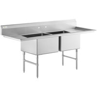 Regency 86" 16 Gauge Stainless Steel Two Compartment Commercial Sink with Stainless Steel Legs, Cross Bracing, and 2 Drainboards - 24" x 24" x 14" Bowls