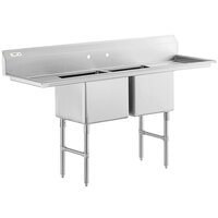 Regency 74" 16 Gauge Stainless Steel Two Compartment Commercial Sink with Stainless Steel Legs, Cross Bracing, and 2 Drainboards - 18" x 18" x 14" Bowls