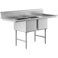 Regency 74" 16 Gauge Stainless Steel Two Compartment Commercial Sink with Stainless Steel Legs, Cross Bracing, and 2 Drainboards - 18" x 24" x 14" Bowls