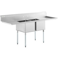 Regency 86" 16 Gauge Stainless Steel Two Compartment Commercial Sink with Galvanized Steel Legs and 2 Drainboards - 18" x 24" x 14" Bowls