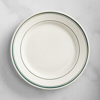 Acopa 9" Ivory (American White) Stoneware Wide Rim Plate with Green Bands - 24/Case