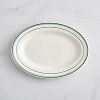 Acopa 12 5/8" x 8 3/4" Ivory (American White) Wide Rim Stoneware Platter with Green Bands - 12/Case