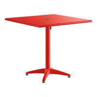 Lancaster Table & Seating 32" x 32" Red Powder-Coated Aluminum Dining Height Outdoor Table with Umbrella Hole