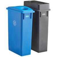 Lavex 46 Gallon 2-Stream Slim Rectangular Recycle Station with Black Drop Shot and Blue Bottle / Can Lids