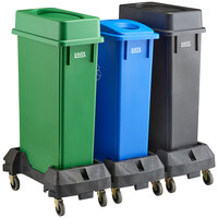 Lavex 69 Gallon 3-Stream Slim Rectangular Mobile Recycle Station with Black Drop Shot, Green Drop Shot, and Blue Bottle / Can Lids