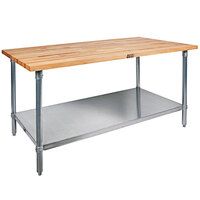 John Boos & Co. SNS04 Wood Top Work Table with Stainless Steel Base and Adjustable Undershelf - 24" x 72"
