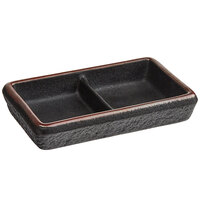 Acopa Heika 1 oz. Black Matte Textured Rectangular 2-Compartment Stoneware Sauce Dish - 12/Case