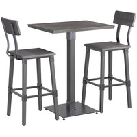 Lancaster Table & Seating Industrial 24" x 30" Slate Gray Finish Solid Wood Live Edge Bar Height Table with 2 Bar Stools