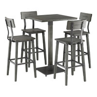 Lancaster Table & Seating Industrial 30" Square Slate Gray Finish Solid Wood Live Edge Bar Height Table with 4 Bar Stools