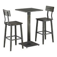 Lancaster Table & Seating Industrial 24" Square Slate Gray Finish Solid Wood Live Edge Bar Height Table with 2 Bar Stools