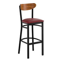 Lancaster Table & Seating Boomerang Black Finish Bar Stool with Burgundy Vinyl Seat and Vintage Wood Back