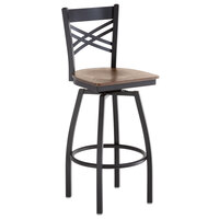 Lancaster Table & Seating Black Finish Cross Back Swivel Bar Stool with Vintage Wood Seat