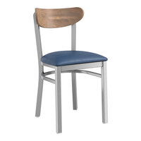 Lancaster Table & Seating Boomerang Series Clear Coat Finish Chair with Navy Vinyl Seat and Vintage Wood Back