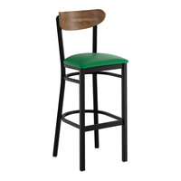 Lancaster Table & Seating Boomerang Black Finish Bar Stool with Green Vinyl Seat and Vintage Wood Back