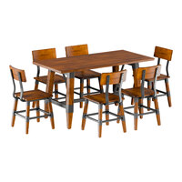 Lancaster Table & Seating Industrial 30" x 60" Rustic Walnut Finish Solid Wood Live Edge Standard Height Trestle Table with 6 Chairs